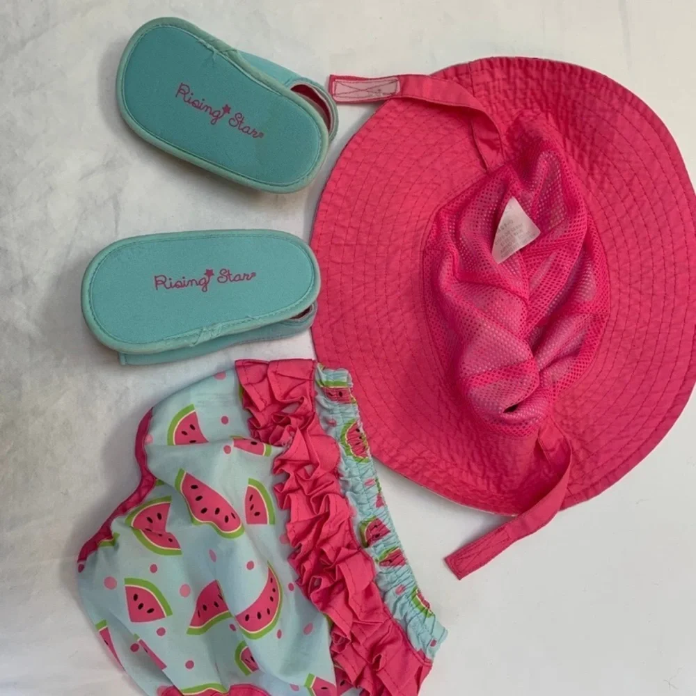 Infant hat, bloomers, sandals